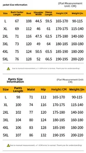 Detailed size chart for men's fleece tracksuit sets including jacket and pants measurements