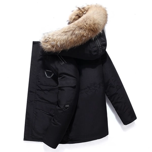 Men's winter thick black parka jacket with large fluffy fur hood and tactical pockets