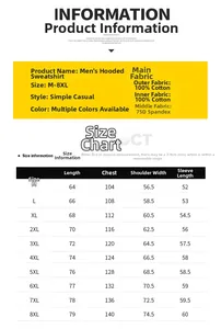Size chart for men's 100% cotton hoodie showing measurements from M to 8XL in detail