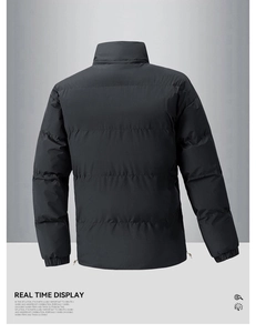 Close-up of matte black padded jacket with stand collar and quilted windproof design