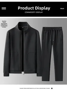 Detail of black men's casual tracksuit featuring stand collar jacket and matching pants