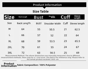 Detailed size chart for men's fleece jacket with measurements from M to 3XL in centimeters