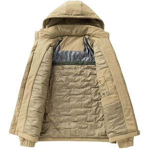 Men's khaki hooded jacket featuring graphene lining and internal zipper pocket details