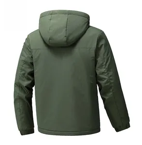 Rear view of men's military green hooded windbreaker with ribbed cuffs and outdoor design