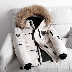 Beige parkas jacket with faux fur hood and utility pockets for men and women