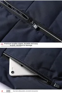 Detail view of high-quality metal zipper and secure side pocket on men's winter jacket