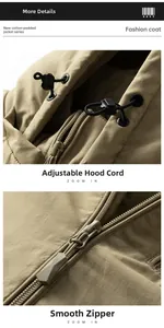 Detail view of adjustable drawstring hood and smooth metal zipper on khaki jacket