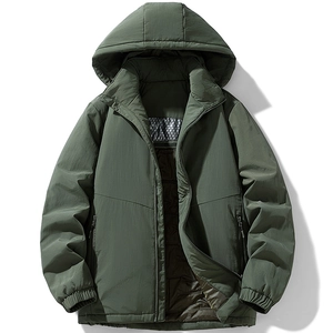 Men's olive green hooded quilted work jacket with windproof fabric and full zip closure