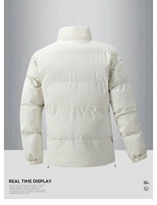 Detail view of cream white puffer jacket with stand collar and ripstop fabric texture
