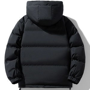 Men's winter puffer jacket with hood in matte black windproof quilted fabric back view