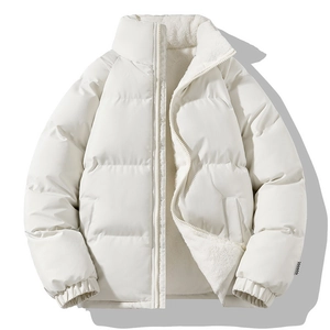 Men's oversized white winter jacket with fleece lining and checkered label detail