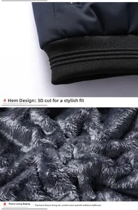 Detail of ribbed hem and thick grey fleece lining on warm winter men's jacket