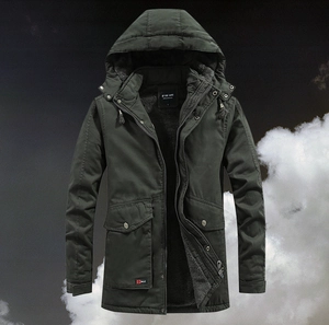 Detail view of military green men's parka with warm grey fleece lining and drawstring hood