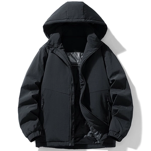 Men's black hooded workwear jacket with graphene warming technology and silver thermal lining
