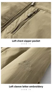 Detail of khaki outdoor jacket showing the zipped chest pocket and sleeve embroidery