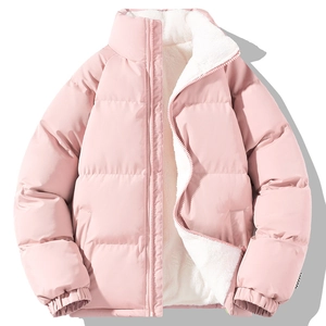 Pink stand-collar padded jacket with warm fleece lining and minimalist design