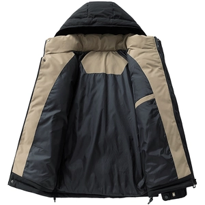 Men's winter hooded parka with contrasting khaki lining and windproof black fabric