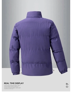 Detailed back view of purple winter puffer jacket with windproof quilted texture and hem toggles