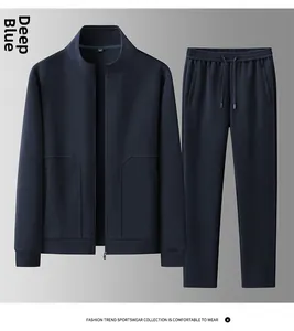 Detail of navy blue men's athletic tracksuit set showing ribbed cuffs and stand collar