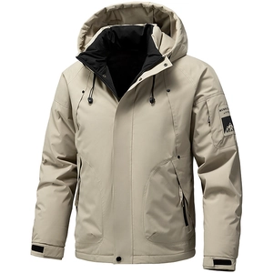 Men's beige hooded graphene jacket featuring windproof fabric and tactical arm pocket
