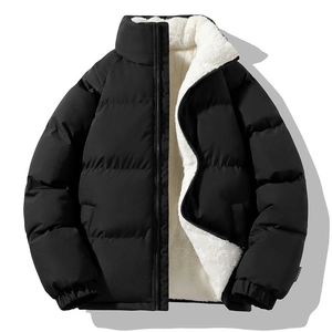 Men's loose black winter jacket with warm beige sherpa fleece lining and windproof cuffs