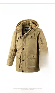 Detail of khaki hooded winter jacket with thick fleece lining and cargo pockets