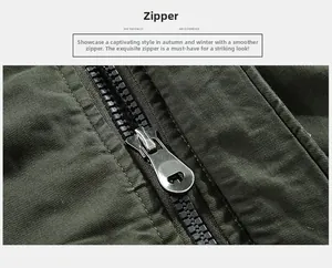 Detail of high-quality metal zipper and twill fabric texture on a dark green jacket
