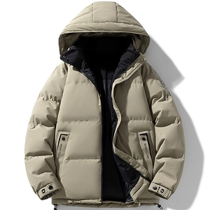 Men's khaki winter hooded padded jacket with black lining and cargo style design