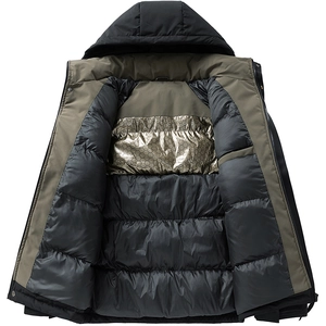 Olive green puffer jacket with thermal heat-reflective golden lining and quilted design