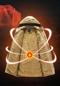 Detail of khaki men's winter hooded parka with warm faux shearling lining and zipper closure
