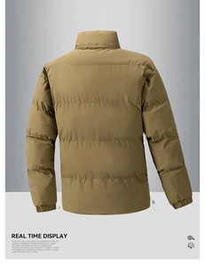 Detail view of khaki winter jacket featuring windproof elastic cuffs and adjustable hem drawstrings
