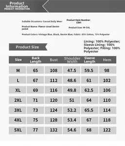 Guide des tailles de M à 5XL pour veste en jean avec détails sur la composition textile