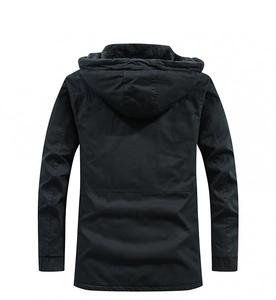 Detail view of black men's hooded parka jacket with warm fleece lining and windproof fabric
