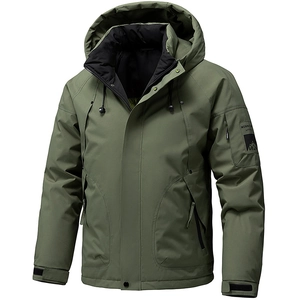 Olive green waterproof graphene padded hooded jacket with windproof zipper and arm pocket