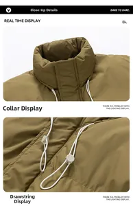 Detail view of the olive green padded jacket showing stand collar and adjustable drawstring