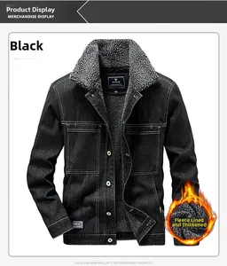 Détail de la veste utilitaire en denim noir avec doublure polaire grise et boutons métal