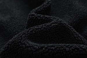 Close-up detail of premium thick black sherpa fleece fabric texture on a winter jacket
