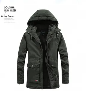 Detailed view of heavy army green cargo parka with warm dark grey fleece lining