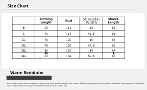 Size chart for men's winter parka showing length, bust, and sleeve measurements in cm