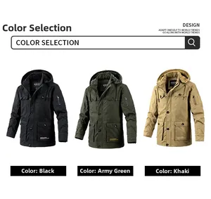 Mens hooded tactical work jackets in black, army green and khaki with multi-pocket design