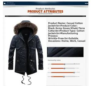 Detailed chart showing casual padded jacket attributes with hood and faux fur collar