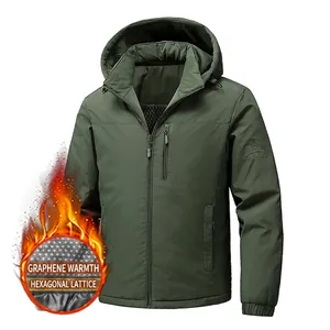 Men's olive green outdoor hooded jacket with graphene thermal lining and logo detail