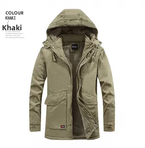 Detail of khaki workwear jacket showing thick fleece lining and high-density canvas texture