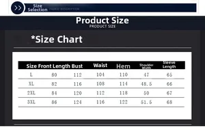 Size chart table for winter padded jacket showing measurements from L to 3XL sizes
