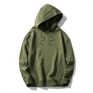 Army green oversized cotton hoodie for men featuring a kangaroo pocket and drawstring hood