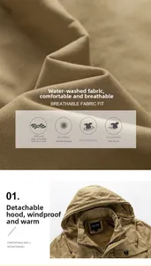 Detail of khaki jacket with breathable washed cotton fabric and warm fleece lining