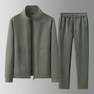 Men's Casual Sports Suit Cotton Blend Stand Collar Fleece Jacket And Pants Set Solid Color Two Piece Autumn Activewear