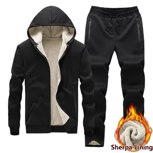 Tuta Sportiva da Uomo Foderata in Pile Sherpa Spessa Set Casual Felpa con Cappuccio e Zip e Pantaloni Invernali Caldi