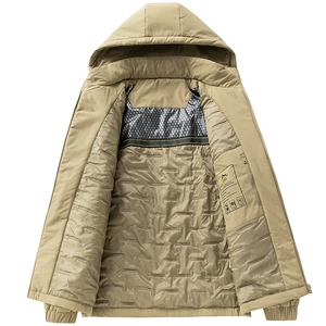 Men's khaki hooded outdoor jacket with quilted insulation and premium inner lining details