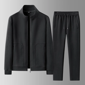 Men's casual black zip-up tracksuit set with stand collar jacket and elastic waist joggers